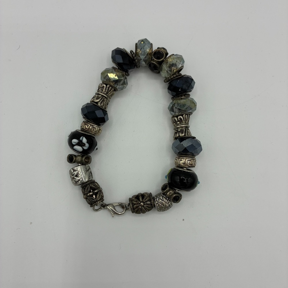 Beaded Charm Bracelet Black Silver Tone Lampwork Glass Crystal Beads